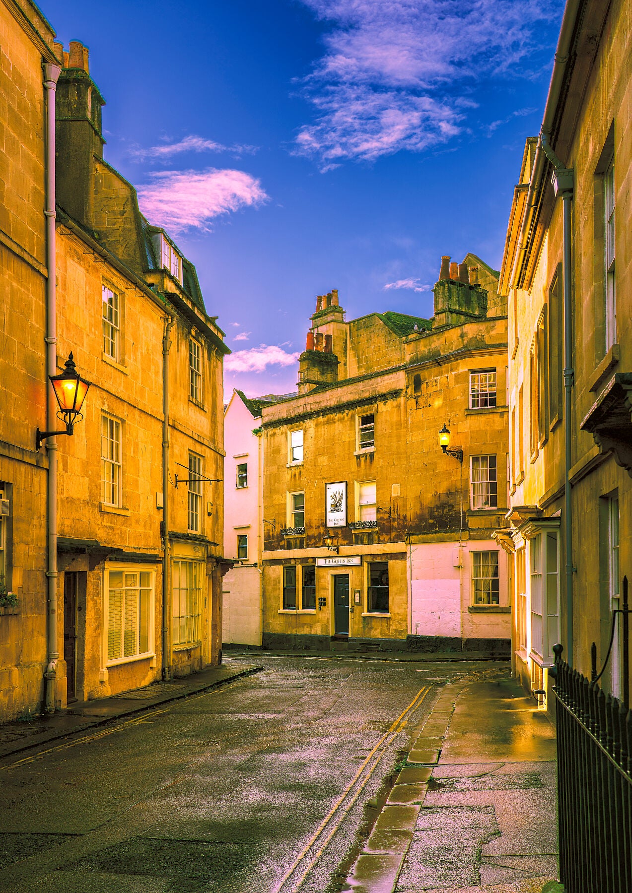 After the Rain, Quiet Light, in Bath, England, with gold light on stone