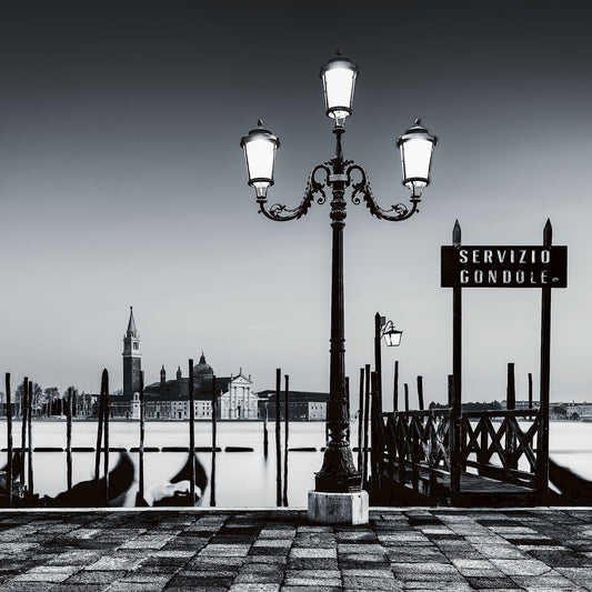 Black and white fine art of the Gondola Serive in Venice.