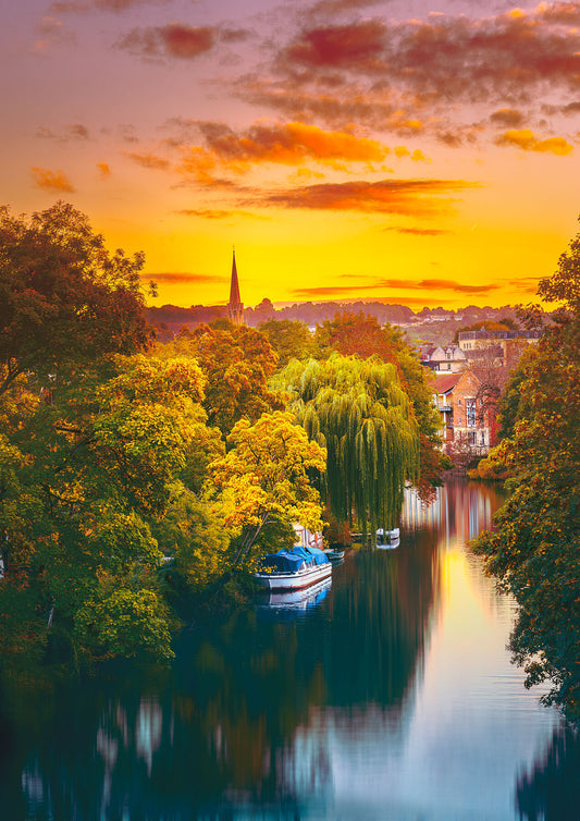 A golden sunset landscape in the centre of Bath.