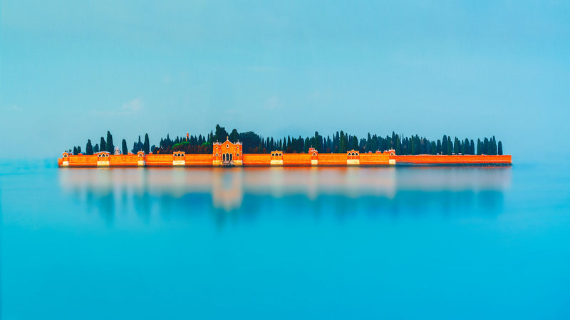 Isola di San Michele - Venice's Silent Guardian, in Venice, Italy, with blue light on trees
