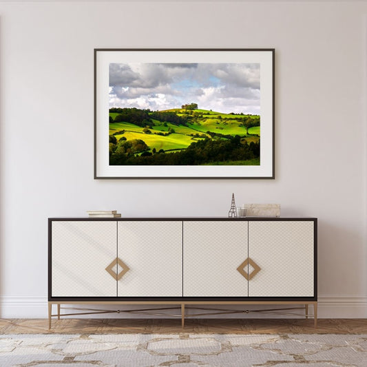 Framed landscape photograph above a decorative cabinet in a room.