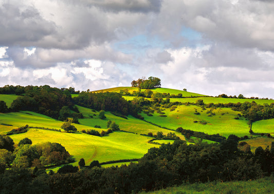 Sunlight falling across green fields near Bath with Kelston Round Hill in the distance, beneath a dramatic cloudy sky.