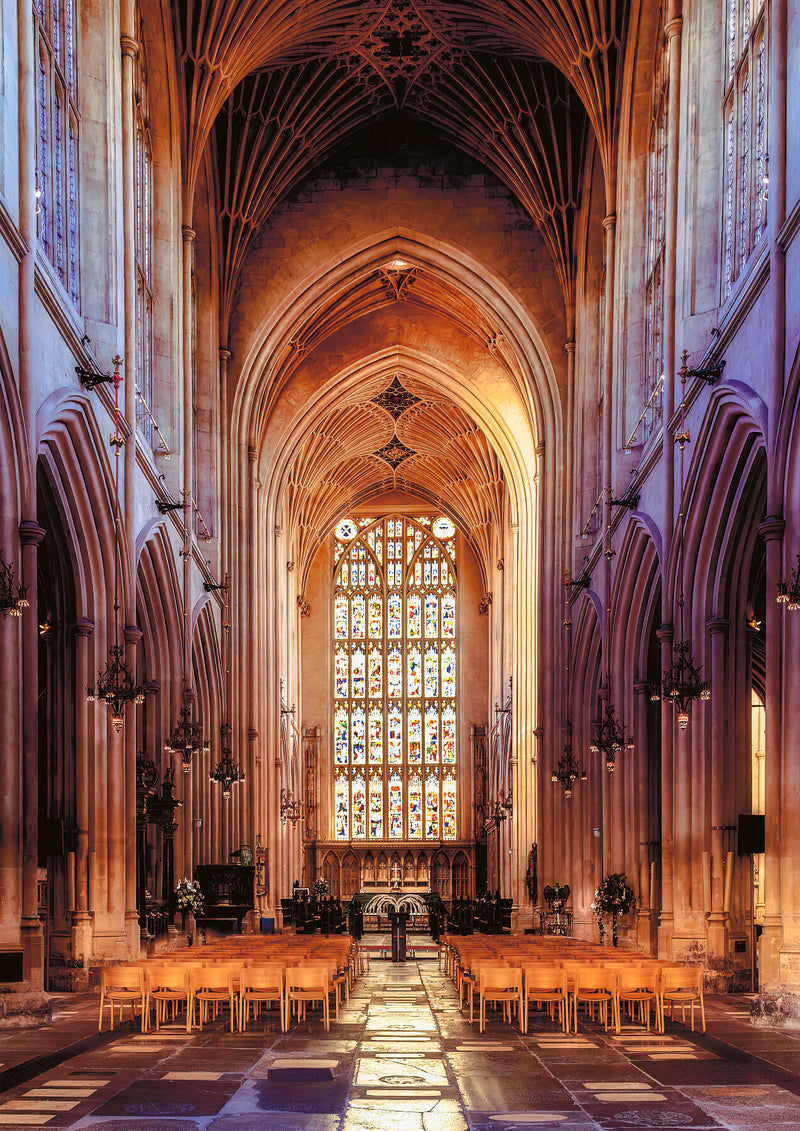 The Chancel of Bath Abbey, in Bath, with light on stone