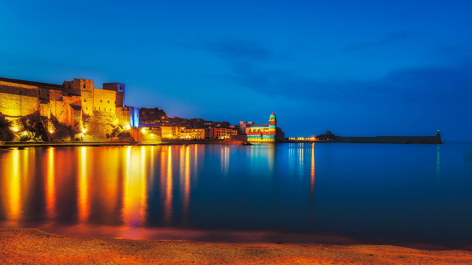 Collioure harbour at night in mid-winter