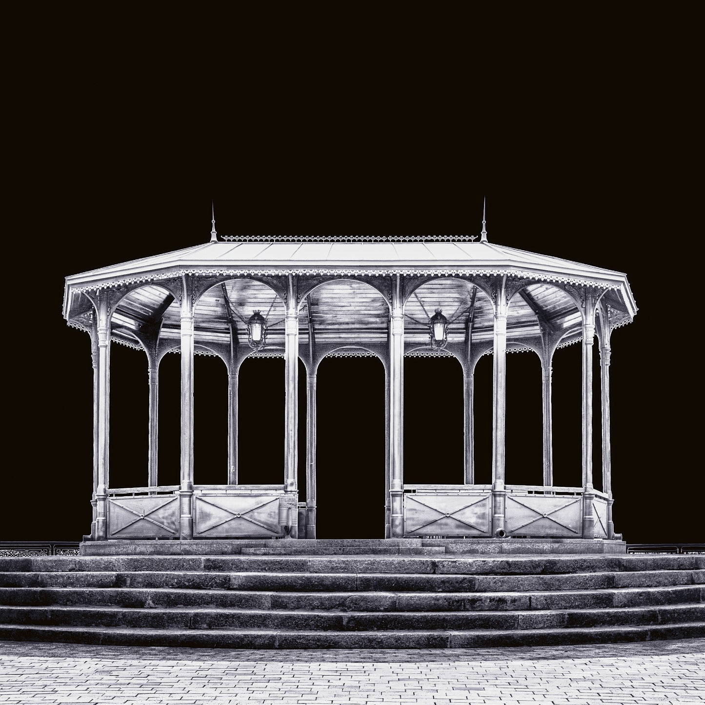 Black and White fine art photograph of a viewing stand in Kyiv