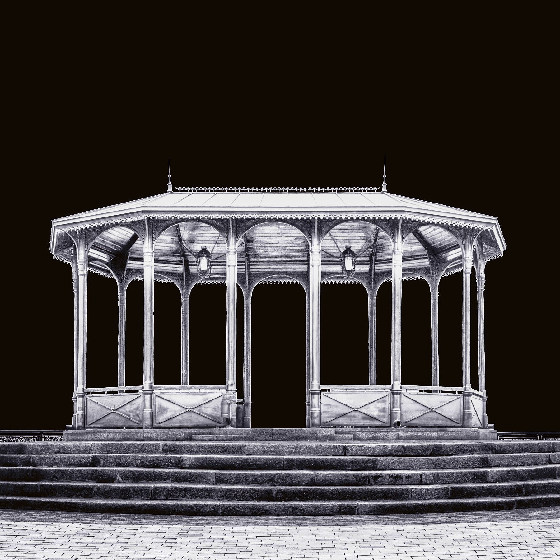 Black and White fine art photograph of a viewing stand in Kyiv