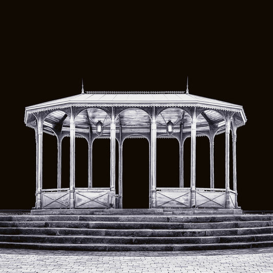 Black and White fine art photograph of a viewing stand in Kyiv