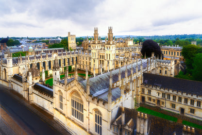 Elevated colour photograph of All Souls College Oxford showing historic stone architecture and college quadrangles