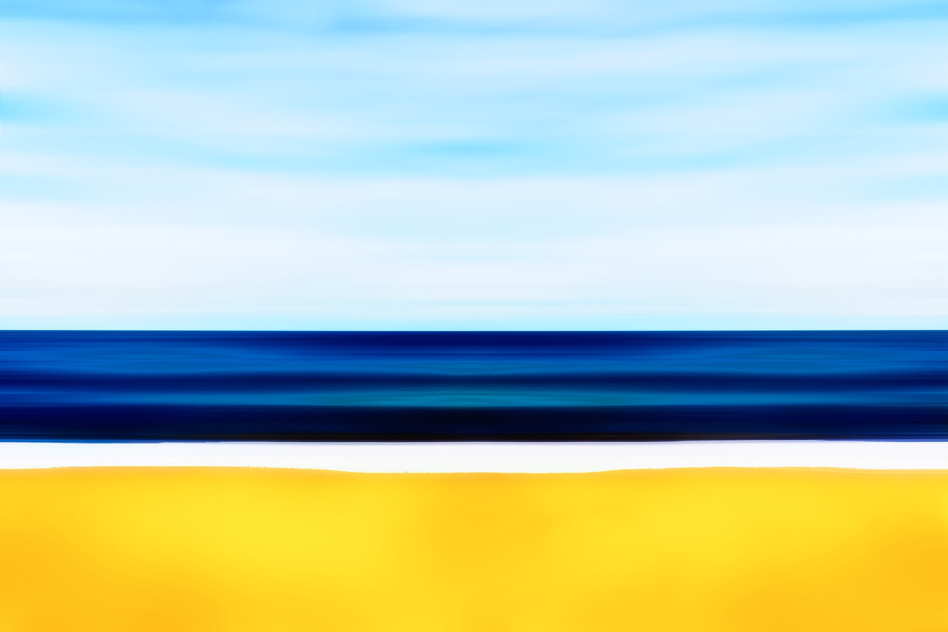Abstract seascape with blurred bands of blue sea, pale sky, and golden foreground creating a minimalist coastal composition.