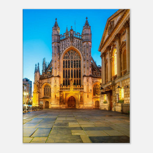 Bath Abbey in Golden Light, at golden hour, in Bath, United Kingdom, with twilight sky