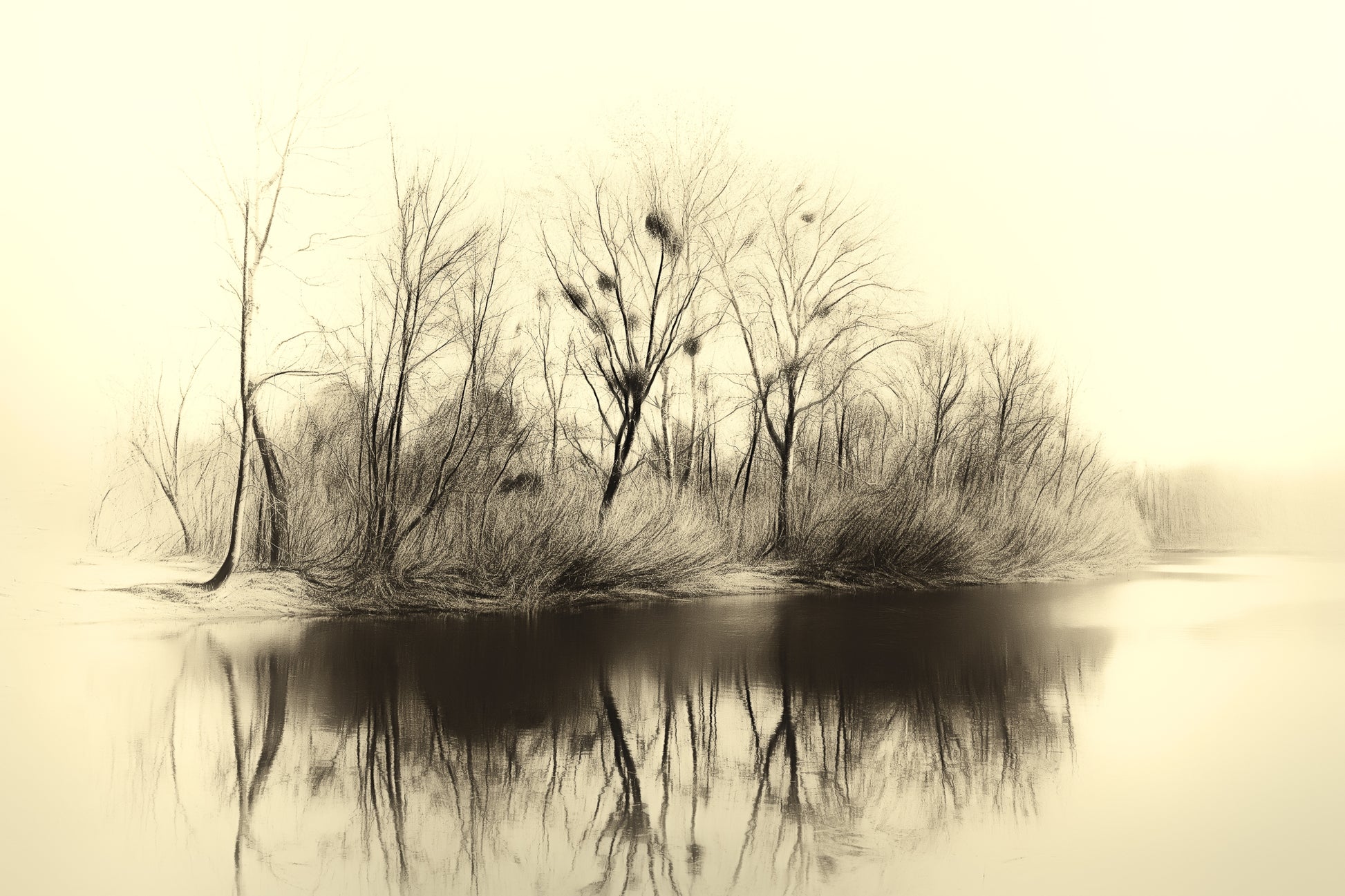 Misty winter trees reflected in calm water on Trukhaniv Island in Kyiv, with soft light and an atmospheric, tranquil mood.
