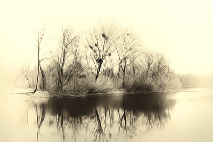 Misty winter trees reflected in calm water on Trukhaniv Island in Kyiv, with soft light and an atmospheric, tranquil mood.