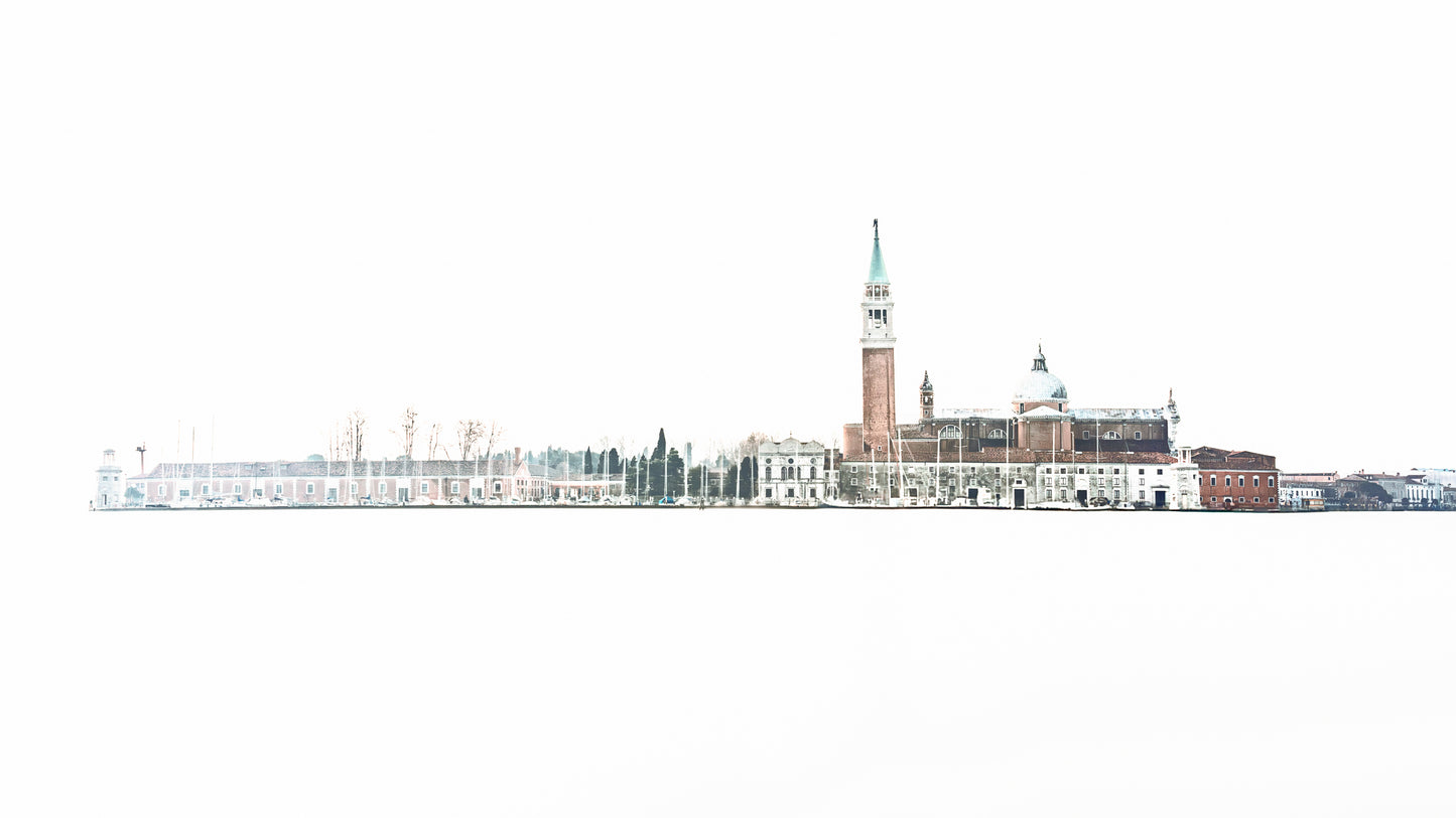 Minimalist colour photograph of San Giorgio Maggiore in Venice with church and bell tower isolated against white space